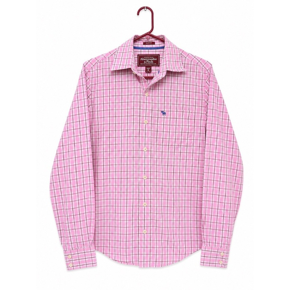 Abercrombie Fitch Mens Pink Plaid Muscle‎ Fit Button Down Shirt Size M